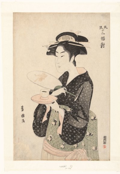 Portret kelnerki Okity. Tryptyk eleganckich piękności Furyu sampukutsui (tytuł na obiekcie) autorstwa Utagawa Toyokuni (I)