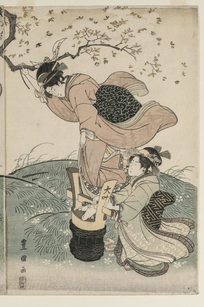 Kwiaty wiśni na wietrze autorstwa Utagawa Toyokuni