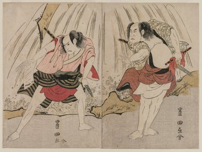 Kataoka Nizaemon VII i Ichikawa Yaozo III w starciu przy wodospadzie autorstwa Utagawa Toyokuni
