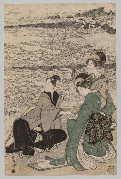 Mężczyzna i dwie kobiety na brzegu morza, 1769-1825. autorstwa Utagawa Toyokuni