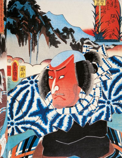 Portret aktora teatru Kabuki o czerwonej twarzy ze złości, grafika ukiyo-e autorstwa Utagawy Toyokuni (1769-1825), drzeworyt, cywilizacja japońska, okres Edo autorstwa Utagawa Toyokuni