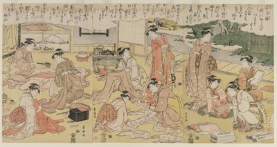 Kobiety szyjące odzież, wczesne lata 90. XVIII wieku. autorstwa Utagawa Toyokuni