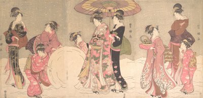 Kurtyzany i asystenci robiący gigantyczną śnieżkę, ca. 1796. autorstwa Utagawa Toyokuni I