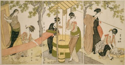 Robienie prania przy krawężniku studni (Idobata no sentaku to araihari) autorstwa Utagawa Toyokuni I
