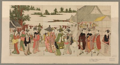 Noworoczna pielgrzymka do świątyni Myohoji w Horinouchi (Horinouchi Myohoji eho mairi no zu) autorstwa Utagawa Toyokuni I