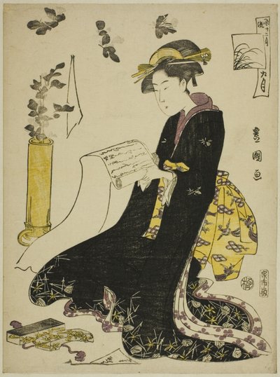 Dziewiąty miesiąc (Ku gatsu), z serii „Modne dwanaście miesięcy (Furyu junikagetsu)” autorstwa Utagawa Toyokuni I