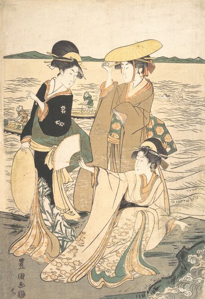 Trzy panienki nad brzegiem morza. autorstwa Utagawa Toyokuni I