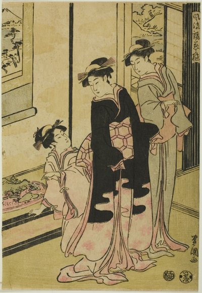 Kobiety oglądające miniaturowy pejzaż z cyklu "Furyu moro hanami uwari" autorstwa Utagawa Toyokuni I