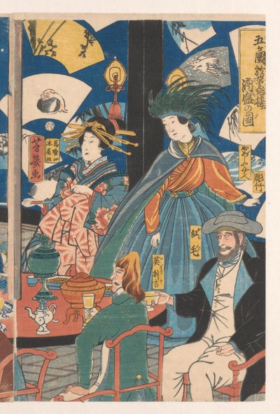 Cudzoziemcy podczas picia w herbaciarni Gankiro autorstwa Utagawa Yoshiiku