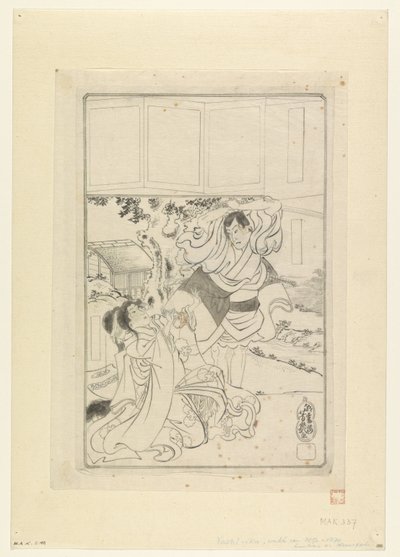 Mężczyzna zamierza ściąć głowę kobiecie autorstwa Utagawa Yoshiiku