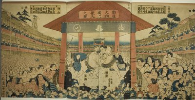 Procesja zapaśników na mecz zbiórki pieniędzy (Kanjin ozumo dohyo-iri no zu) autorstwa Utagawa Yoshimune