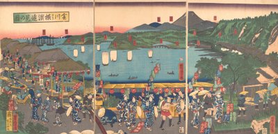 Odległy widok na Jokohamę z Kanagawy, 5 miesiąc 1860. autorstwa Utagawa Yoshitora
