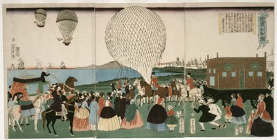 Lot balonem w Ameryce, wyd. 1865 (drzew ręcznie kolorowany) autorstwa Utagawa Yoshitora