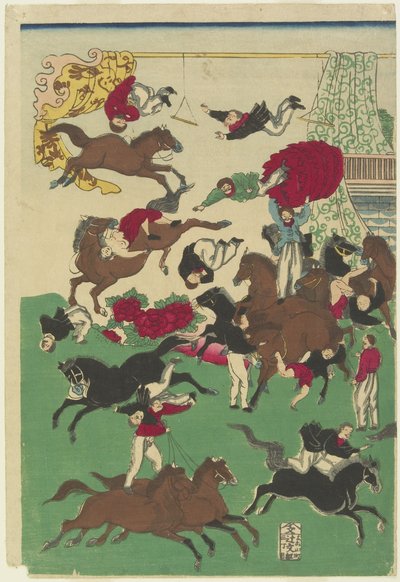 Cyrkowe akrobacje, XIX w. (kolorowy drzeworyt) autorstwa Utagawa Yoshitora