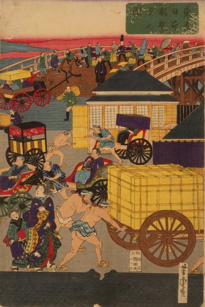 F ぉ Sprzedaż nowego g Nihonbashi set c Temperatura gruntu f i pobyt. Toi Nihonbashi wersja angielska postać T teoria ptych autorstwa Utagawa Yoshitora