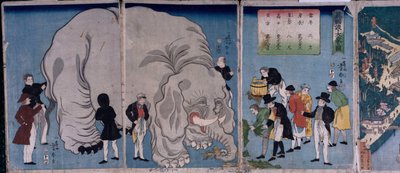 Cudzoziemcy ze słoniem (kolorowy drzeworyt) autorstwa Utagawa Yoshitora