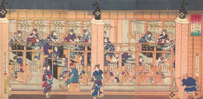 Importowana maszyna do nawijania jedwabiu w Tsukiji w Tokio, 4 miesiąc, 1872 r. autorstwa Utagawa Yoshitora
