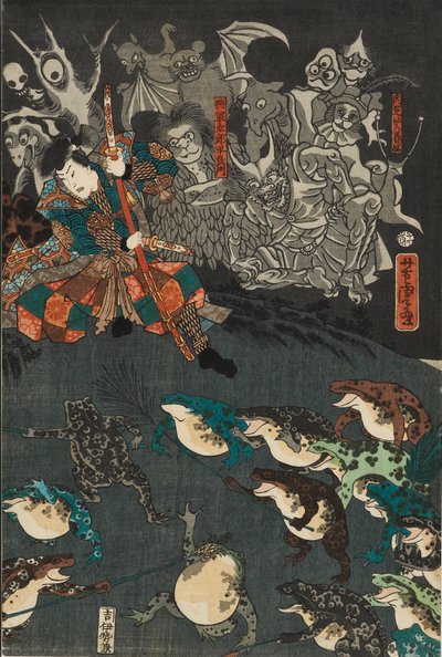Nikushi the Frog Spirit przywołuje magiczną bitwę żab w Tateyama w prowincji Etchu, 1864 autorstwa Utagawa Yoshitora