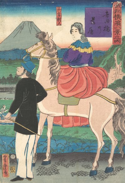 Zmierzch, patrząc na dzikie gęsi lecące w kierunku mostu Yoshida, styczeń 1861 r. autorstwa Utagawa Yoshitora