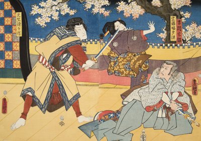 Scena z Genji monogatari (Opowieść o Genji) Murasaki Shibuku (ur. 978) 1860 (kolorowy drzeworyt) autorstwa Utagawa and Toyokuni Kuniyoshi