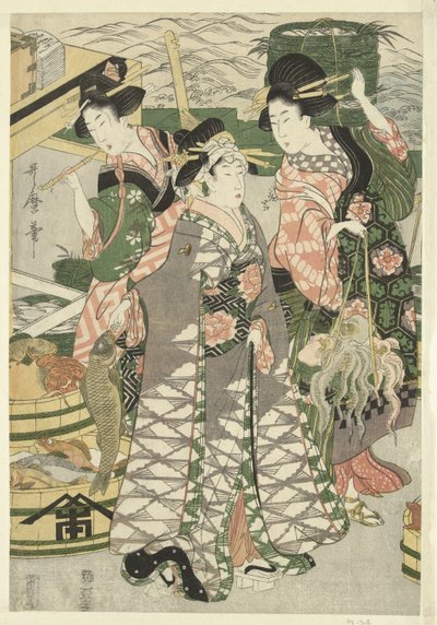 Widok na targ rybny na plaży w Shiba [Shiba] no ura uoichi no zu autorstwa Utamaro (II) , Kitagawa
