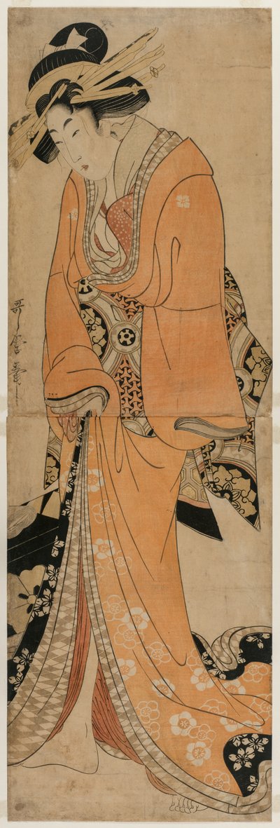 Gejsza stojąca obok sprawy Shamisen, c. 1810. autorstwa Utamaro II