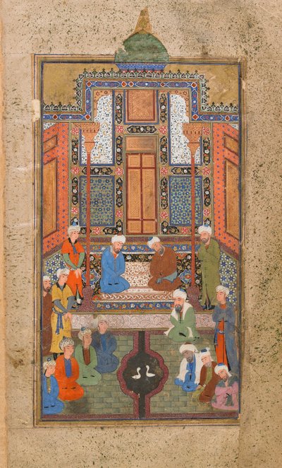 Scena pałacowa w Tuhfat al-Ahrar (dar za darmo) Buchara, Uzbekistan, okres uzbecki, ok. 1540 (nieprzezroczysta akwarela, atrament i złoto na papierze) autorstwa Uzbek School