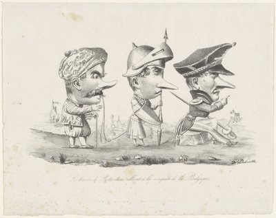 Karykatura milicji z Rotterdamu, 1830 r Les braves de Rotterdam allant à la conquête de la Belgique (tytuł na obiekcie) autorstwa V. Dubrulle