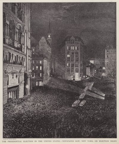 Newspaper Row, Nowy Jork, w noc wyborów prezydenckich w USA, 8 listopada 1892 (lito) autorstwa V. Perard