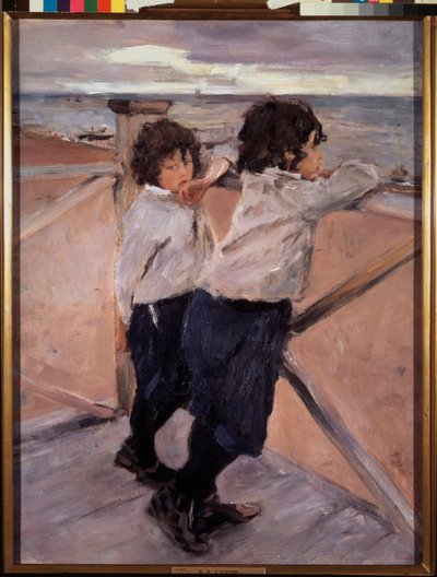 Dzieci. (Dwóch braci na drewnianym pontonie, nad Bałtykiem). Obraz Valentina Aleksandrowicza Sierowa (1865-1911), olej na płótnie autorstwa Valentin Aleksandrovich Serov