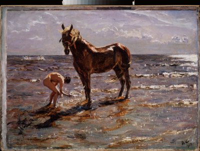 Kąpiel konia. (Młody nagi mężczyzna pluskający konia, dwie inne postacie wybiegają w morze). Obraz Valentina Aleksandrowicza Sierowa (1865-1911), olej na płótnie autorstwa Valentin Aleksandrovich Serov