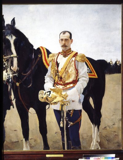 Portret wielkiego księcia Pawła Aleksandrowicza Rosji (1860-1919). (Portret wielkiego księcia Pawła Aleksandrowicza Rosji). W mundurze oficera kawalerii cesarskiej armii rosyjskiej, w pobliżu konia. Obraz Valentina Aleksandrowicza Serowa ( autorstwa Valentin Aleksandrovich Serov