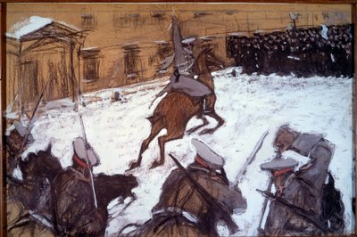 Czerwona Niedziela (Krwawa Niedziela) w Petersburgu: „Represje wojenne podczas demonstracji w Petersburgu w 1905 r.””, zarzuty kawalerii cara Mikołaja II przeciwko grewistom, którzy przybyli pokojowo protestować przed Pałacem Zimowym 22/ 01/1905 autorstwa Valentin Aleksandrovich Serov
