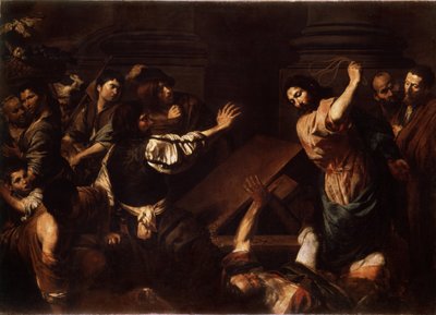 „Chrystus wyprowadza pożyczkodawców ze świątyni” (Chrystus wyprowadza pożyczkodawców ze świątyni) Obraz Valentina de Boulogne (1591-1632) 1620-1625 Wymiary 192x266,5 cm Muzeum Ermitażu, Sankt Petersburg autorstwa Valentin de Boulogne