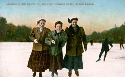 Kanadyjskie sporty zimowe: wesołe trio, staw Grenadierów, Toronto, Kanada, XX wiek. autorstwa Valentine and Sons Publishing Co