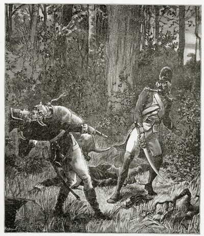 Rask the dog zabijający angielskiego żołnierza - ilustracja z Bug-Jargal, XIX-wieczna grawerunek bw autorstwa Valnay Pere et fils