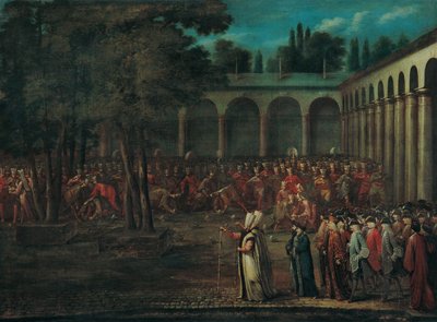 Delegacja ambasadorów przechodząca przez drugi dziedziniec pałacu Topkapı, lata 1720 autorstwa Vanmour