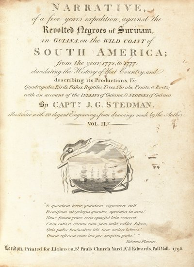 Opowiadanie o pięcioletniej wyprawie przeciwko zbuntowanym Murzynom z Surinamu w Gujanie na Dzikim Wybrzeżu Ameryki Południowej (tom II) autorstwa Various Artists, including William Blake, after John Gabriel Stedman