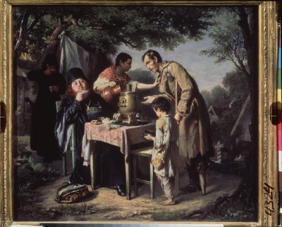 Picie herbaty w Mytishchi (Mytischi), niedaleko Moskwy. (Ortodoksyjni mnisi piją herbatę w ogrodzie, kaleka i biedne dziecko żebrzą, odepchnięte przez służącą.) Obraz Wasilija (Wasilija) Grigoriewicza Pierowa (1834-1882), olej na płótnie autorstwa Vasili Grigorevich Perov