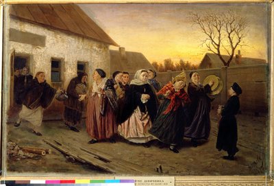 Rosyjski zwyczaj: pochód kobiet wychodzących z domu tańczących i śpiewających w przeddzień wesela (Wieczór Wesela w Łaźni). Obraz Wasilija (Vasili) Grigoryevich Perov (1834-1882) autorstwa Vasili Grigorevich Perov