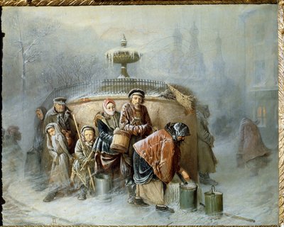 Kolejka przy fontannie. W środku zimy mieszkańcy miasta czekają na swoją kolej, w zimnym wietrze i mgle, by napełnić swoje wiadro pitną wodą. Obraz Wasilija (Wasilija) Grigoriewicza Pierowa (1834-1882), olej autorstwa Vasili Grigorevich Perov