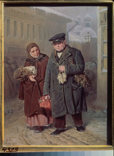Wielki Poniedziałek (Para nosząca lecznicze i oczyszczające rośliny do łaźni parowej, poprzedzający tydzień wielkanocny) - Czysty poniedziałek - Obraz Wasilija (Vassili) Grigorievich Perov (1834-1882), olej na drewnie autorstwa Vasili Grigorevich Perov