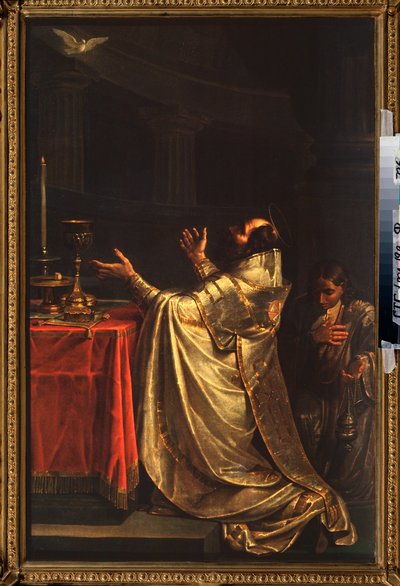Bazyli Wielki (330-379) (lub Bazyli Cesarei) padający przed gołębicą Ducha Świętego (Duch Święty) - Bazyli Wielki - Obraz Wasilija Kuzmicha Szebujewa (1777-1855), olej na płótnie autorstwa Vasili Kuzmich Shebuev