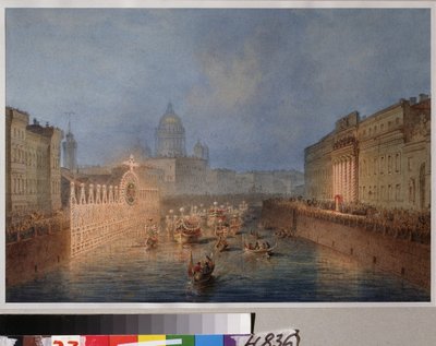 Iluminacja rzeki Moika w Sankt Petersburgu. Praca Wasilija Siemionowicza Sadovnikova (1800-1879), akwarela na papierze autorstwa Vasili Semenovich Sadovnikov