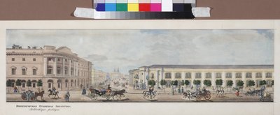 La bibliotheque publique imperiale (panorama z perspektywy Newskiego) - Cesarska Biblioteka Publiczna (Z panoramy Newskiego Prospektu), autorstwa Sadovnikova, Wasilija Siemionowicza (1800-1879). litografia, akwarela autorstwa Vasili Semenovich Sadovnikov