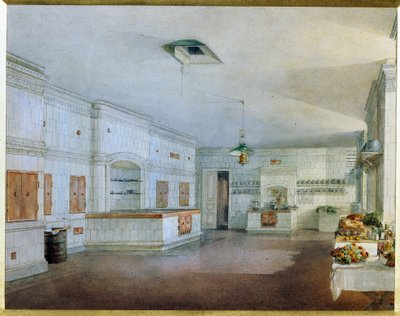 Kuchnia Pałacu Jusupowa (Pałac Moika) w Sankt Petersburgu. (Kuchnia w Pałacu Jusupowa w Petersburgu). Praca Wasilija Siemionowicza Sadovnikova (1800-1879), akwarela na papierze. XIX-wieczna sztuka rosyjska. Państwowe Muzeum Rosyjskie, Saint Pe autorstwa Vasili Semenovich Sadovnikov