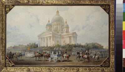 Parada przed soborem św. Izaaka w Petersburgu. Praca Wasilija Siemionowicza Sadovnikova (1800-1879), akwarela na papierze autorstwa Vasili Semenovich Sadovnikov