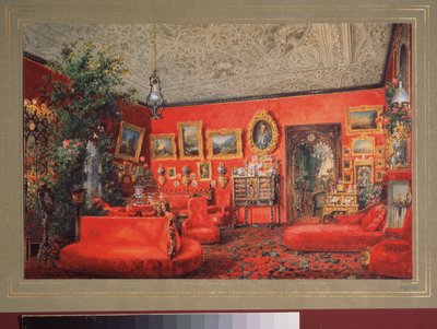 Czerwony Salon w Pałacu Jusupowa w Sankt Petersburgu. Praca Wasilija Siemionowicza Sadovnikova (1800-1879), akwarela na papierze. Sztuka rosyjska autorstwa Vasili Semenovich Sadovnikov