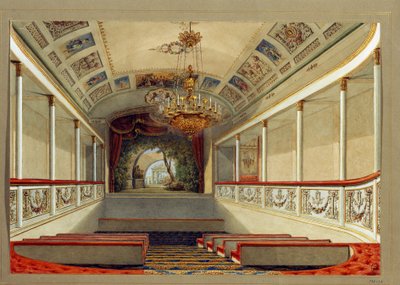Sala teatralna Pałacu Jusupowa (Pałac Moika) w Sankt Petersburgu. (Teatr domowy w Pałacu Jusupowa w Petersburgu). Praca Wasilija Siemionowicza Sadovnikova (1800-1879), akwarela na papierze. XIX-wieczna sztuka rosyjska. Państwo Rosja Mus autorstwa Vasili Semenovich Sadovnikov