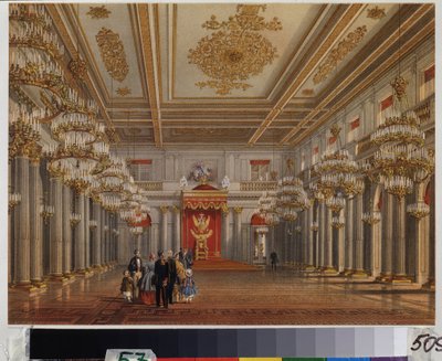 Sala tronowa (Sala św. Jerzego) Pałacu Zimowego w Sankt Petersburgu. Praca Wasilija Siemionowicza Sadovnikova (1800-1879), akwarela na papierze. XIX-wieczna sztuka rosyjska. Muzeum Pamięci A. Puszkina, Sankt Petersburg. autorstwa Vasili Semenovich Sadovnikov